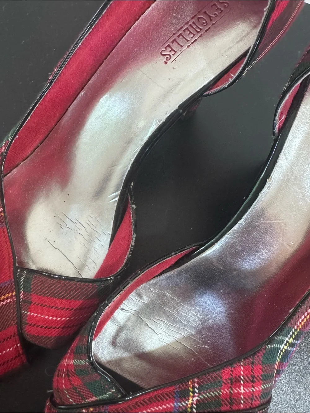 Seychelles Red Tartan Plaid Peep-Toe Heels
